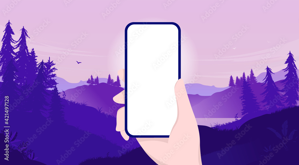 Aufkleber mockup of hand holding phone with blank screen and landscape background. template for you own app de