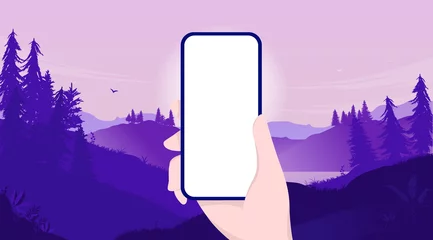 Gordijnen Purper Mockup of hand holding phone with blank screen and landscape background. Template for you own app design. Vector illustration.  © Knut