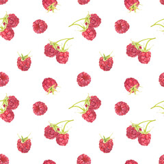Seamless pattern with watercolor raspberries isolated on white background.