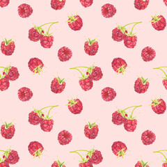Seamless pattern with watercolor raspberries isolated on pink background.