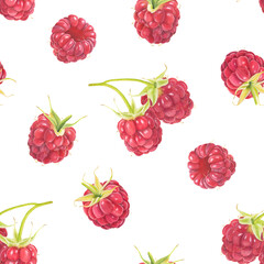 Seamless pattern with watercolor raspberries isolated on white background.