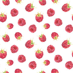 Seamless pattern with watercolor raspberries isolated on white background.