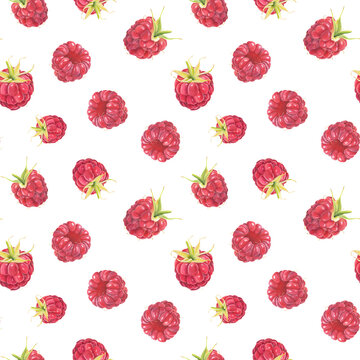Seamless pattern with watercolor raspberries isolated on white background.