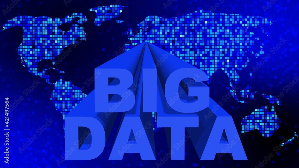 Poster big data lettering in blue design - letters in front of a world map over mosaic background - cloud c