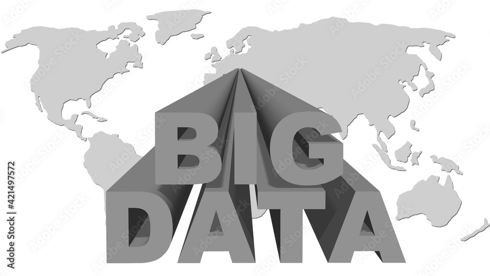 Poster big data lettering in gray design - letters in front of a world map on white background - cloud comp