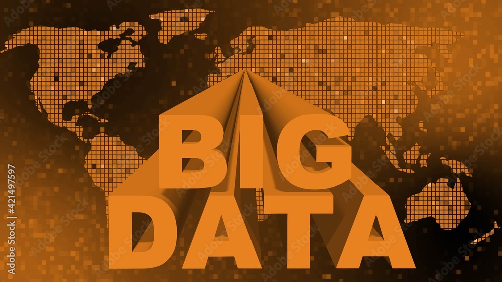 Poster big data lettering in orange design - letters in front of a world map over mosaic background - cloud