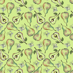 Watercolor pattern of pears and apple blossoms on a light green background.and