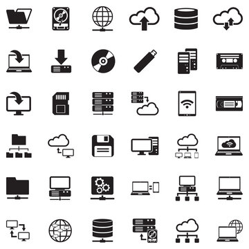 Data Storage Icons. Black Flat Design. Vector Illustration.