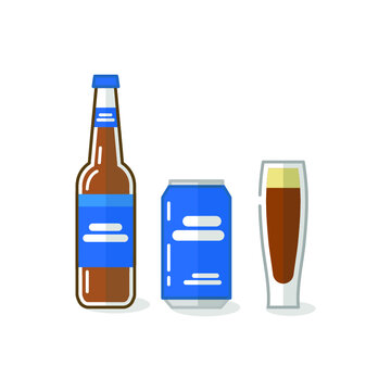 Vector illustration of alcohol drinks and glass on white background. Beer bottles, canes and beer glasses. 