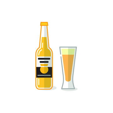 Vector illustration of alcohol drinks and glass on white background. Beer bottles, canes and beer glasses. 