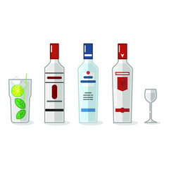 Vector illustration of alcohol drinks and glass on white background. Vodka bottles and shots.