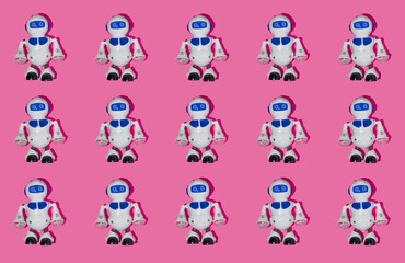 Creative pattern made with robot toy on bright pink background. Retro style creative composition. Fun idea with childrens toys.