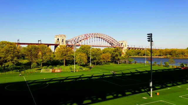 Aerial View of the Hell Gate Bridge Over the East River
