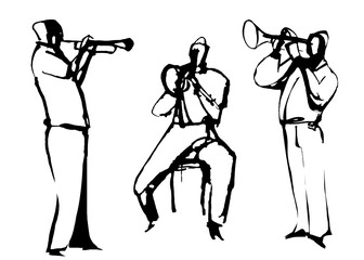 Ink image of 3 musicians playing the trumpet