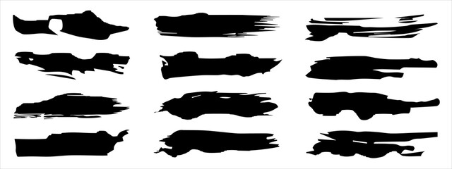 Vector collection of artistic grungy black paint hand made creative brush stroke set isolated on banner background. A group of abstract grunge sketches for design education or graphic art decoration