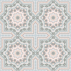 Ornate victorian majolica tile seamless pattern. Ethnic structure vector elements. Clothes print design. Traditional spanish mayolica tilework perpetual pattern. Geometric shapes wallpaper.