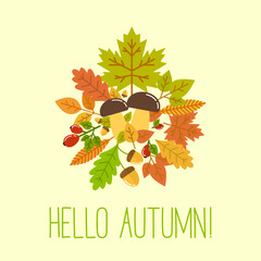 Vector illustration of "hello autumn!" lettering with autumn leaves and mushrooms on pale yellow background.	