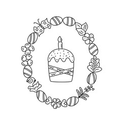 Easter cake with a candle and a frame of flowers and eggs. isolated on white background. Vector Illustration flat style design.