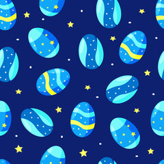 Seamless pattern of Easter eggs, bright colorful vector illustration on a blue background.