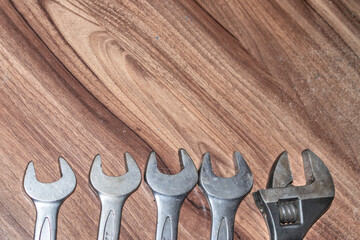 Old tools on a wooden table.