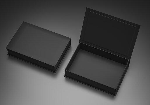 Black blank hard cardboard rectangular book box mock up template for branding presentation, 3d render