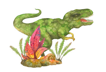 Dinosaurs. Watercolor set  illustration drawn isolated on a white background. Triceratops, Tyrannosaurus Rex, Pterodactyl. Ammonites. the prehistoric period.