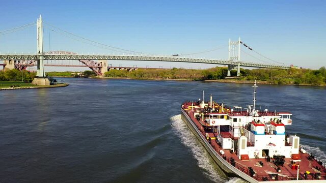 Aerial View of a Tanker Ship Approaching the RFK and Hell Gate Bridge - Part 2