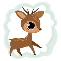 Little cub of a fawn with horns. Isolated object on a white background. Cheerful kind animal child. Cartoons flat style. Funny. Vector