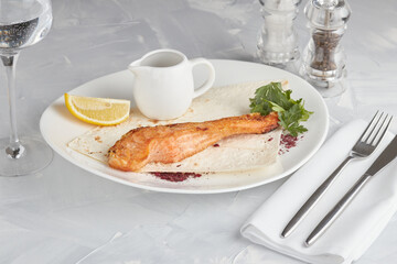Mediterranean grilled salmon fillet dinner