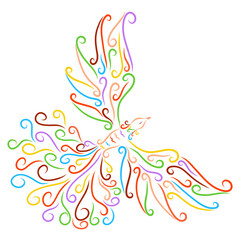 beautiful flying bird from many colored curls