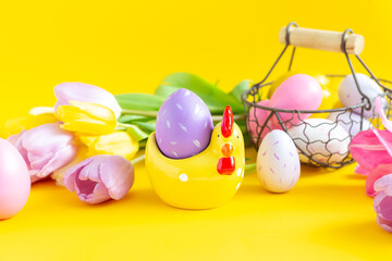 Easter greeting card with decorative chicken and painted eggs. Easter concept - Image