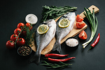 Fresh dorado fish with vegetables and spices on a dark background.