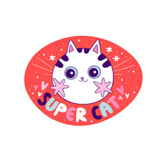 Super cat lettering. Cute little cat muzzle. Pink cheeks. Cartoon animal. Isolated vector object on white background. Sticker. Cool print. 