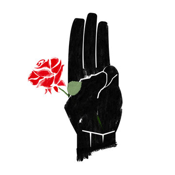three finger salute with rose in hand - illustration
