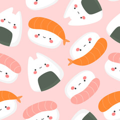Sushi Seamless Pattern, Cute and Kawaii Sushi Character Illustration, Onigiri and Nigiri vector background