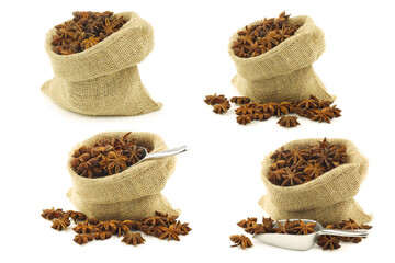 dried star anise  (Illicium verum) in a burlap bag on a white background