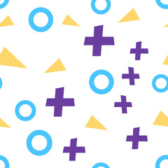 Fototapeta premium Flat vector texture of geometric colorful shapes. Geometric figures patter in modern hipster style. Abstract background with blue circles, lilac crosses and yellow triangles