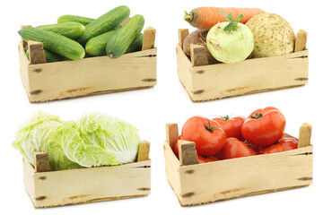 Fresh cooking vegetables in a wooden crate on a white background