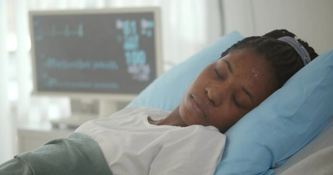 Close up of afro-american patient lying in hospital bed and losing consciousness