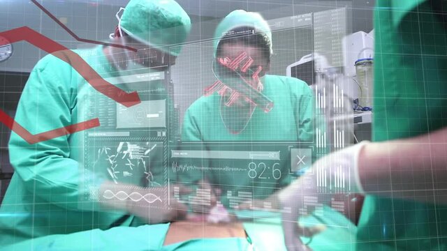 Digital interface with medical data processing against team of surgeons performing operation