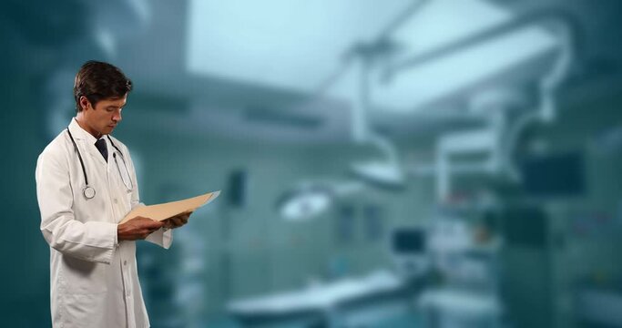 Caucasian male doctor reading medical reports against against hospital in background