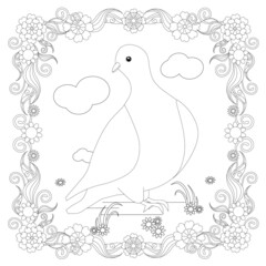Dove in floral frame design element stock vector illustration for coloring book, anti stress page stock vector illustration for web, for print
