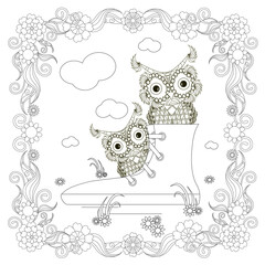 Sneakers with owl in floral frame design element stock vector illustration for coloring book, anti stress page stock vector illustration for web, for print