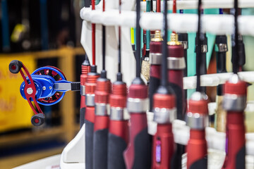 fishing inertial reel the counter in the fishing store