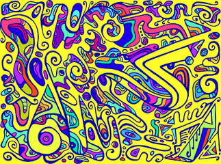 Psychedelic colorful surreal doodle pattern. Rainbow colors abstract pattern, maze of ornaments.
