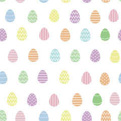 A seamless pattern of Easter eggs of pastel colors on a white background. Eggs in a flat style of pink, blue, green, yellow and purple. Pattern for postcards, wrapping paper, wallpaper, screensavers