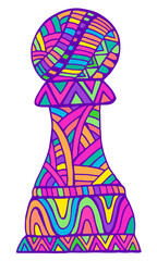 Vivid Pawn Chess Piece with decorative abstract patterns doodle style, isolated on white.