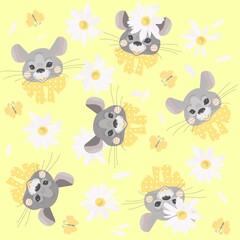 Endless pattern with nice mice faces, butterflies and daisy flowers on light yellow background. Print for fabric for baby.
