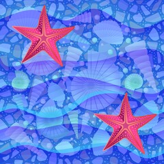 Crimson starfish on rocky sea bottom with various seashells under blue waves. Seamless marine background. Print for fabric.
