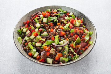 salad with lentils and vegetables in a deep plate on a gray background, vegetarian food
